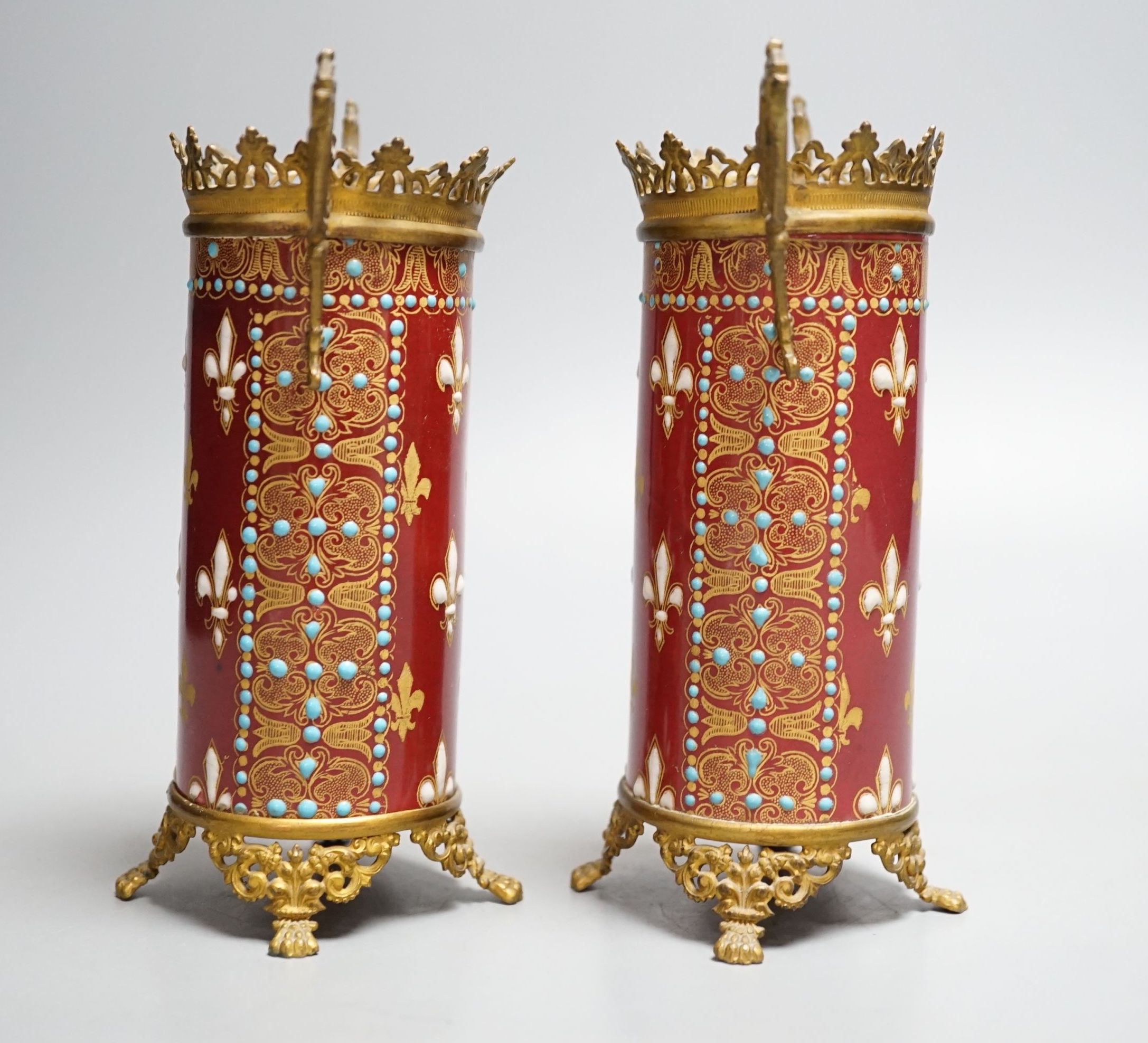 A pair of German or Austrian jewelled porcelain gilt metal mounted vases - 13cm tall